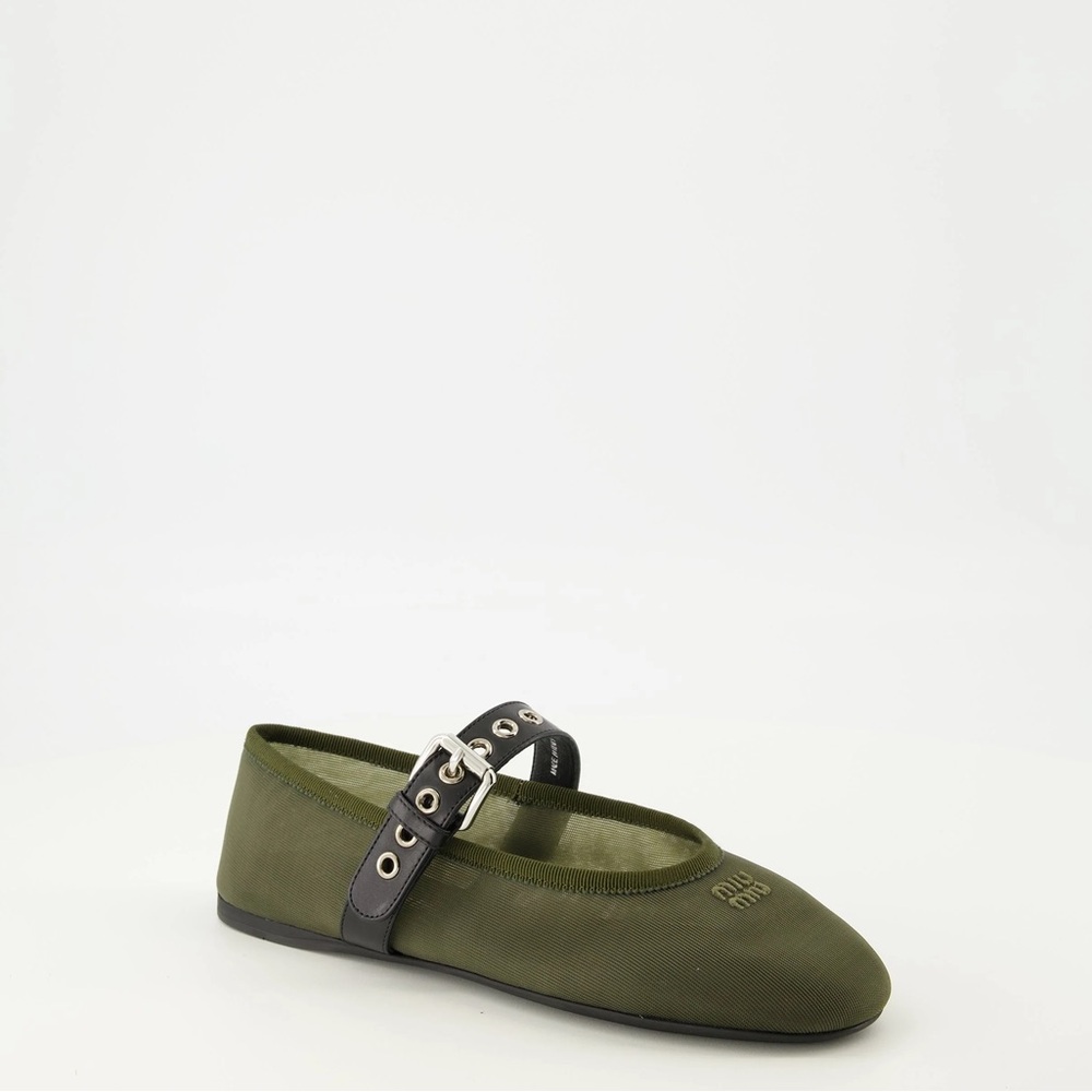 Miu Miu Olive Green embroidered mesh ballerinas